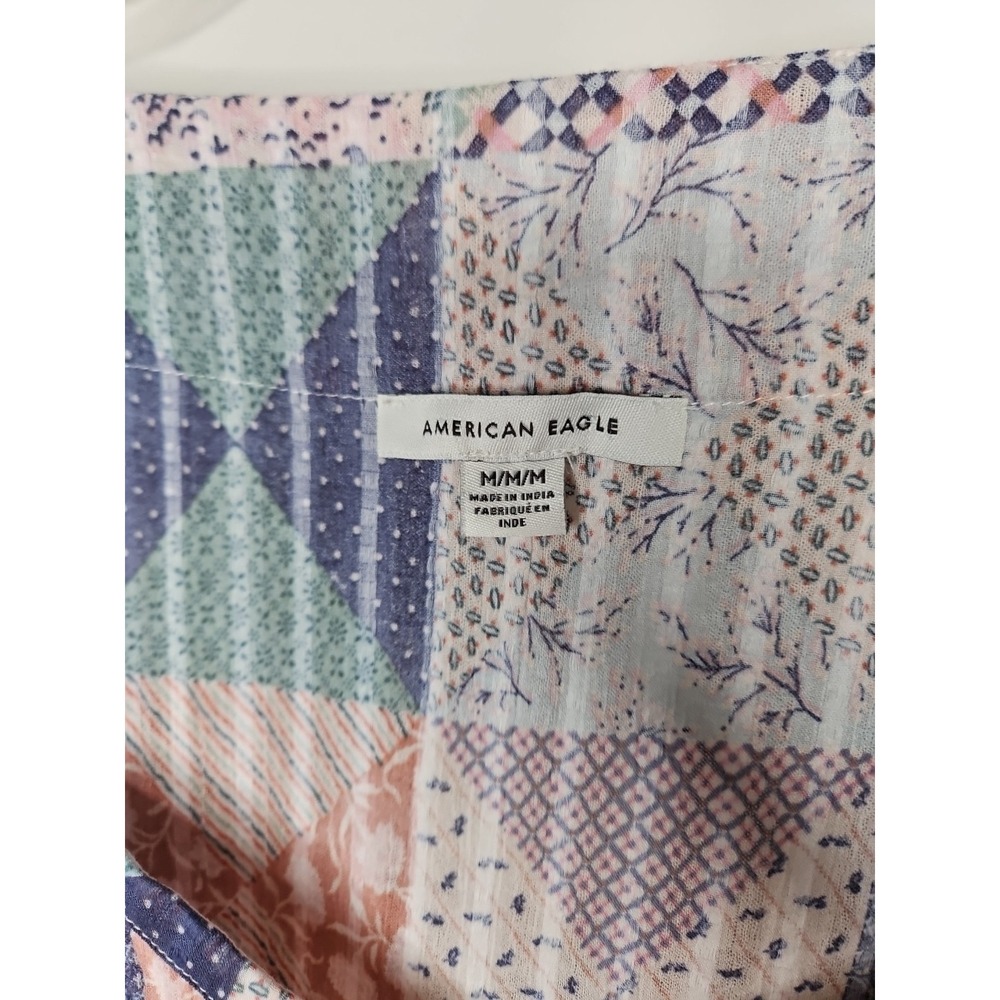 American Eagle Blouse M Pink Patchwork Babydoll Cropped Boho CottageCore Gauzey - Picture 3 of 14